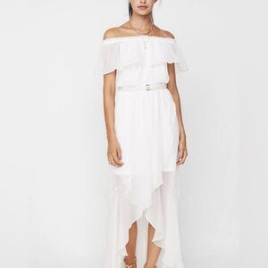 Express Women's M Medium Off the Shoulder Midi Dress Gauze Tiered Romantic White